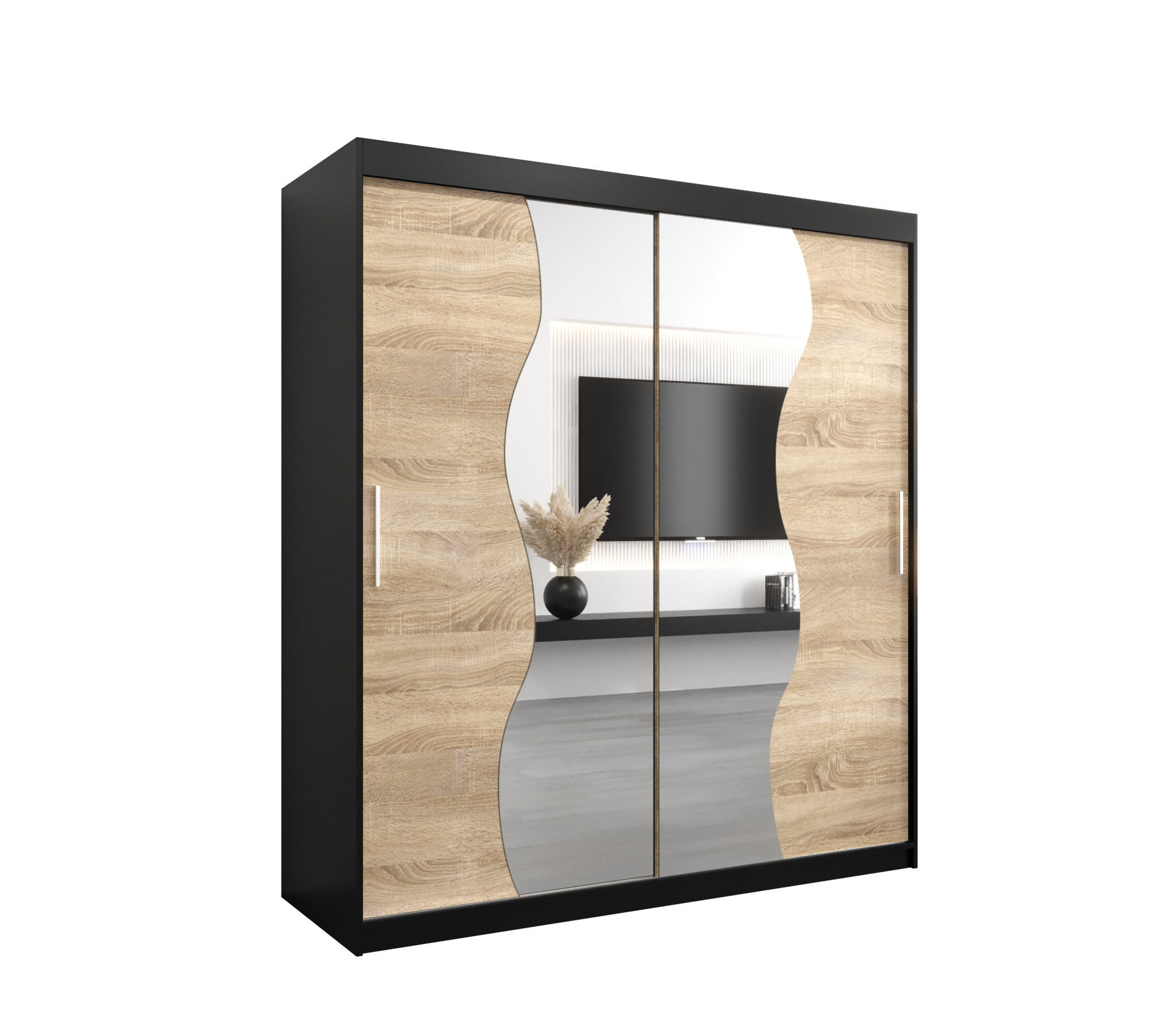 Möbel Kryspol Schwebetürenschrank Schwarz, Sonoma Eiche 180x200x62 cm