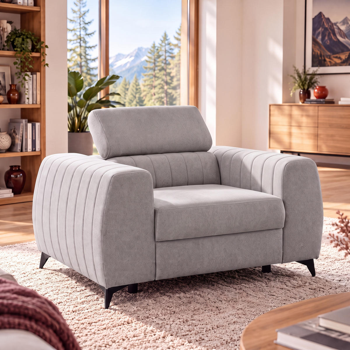 SESSEL PIERO mit verstellbare Kopfstütze Velours Hellgrau - Hellgrau/Schwarz, Holz/Textil (130/90/100cm) - Muffo