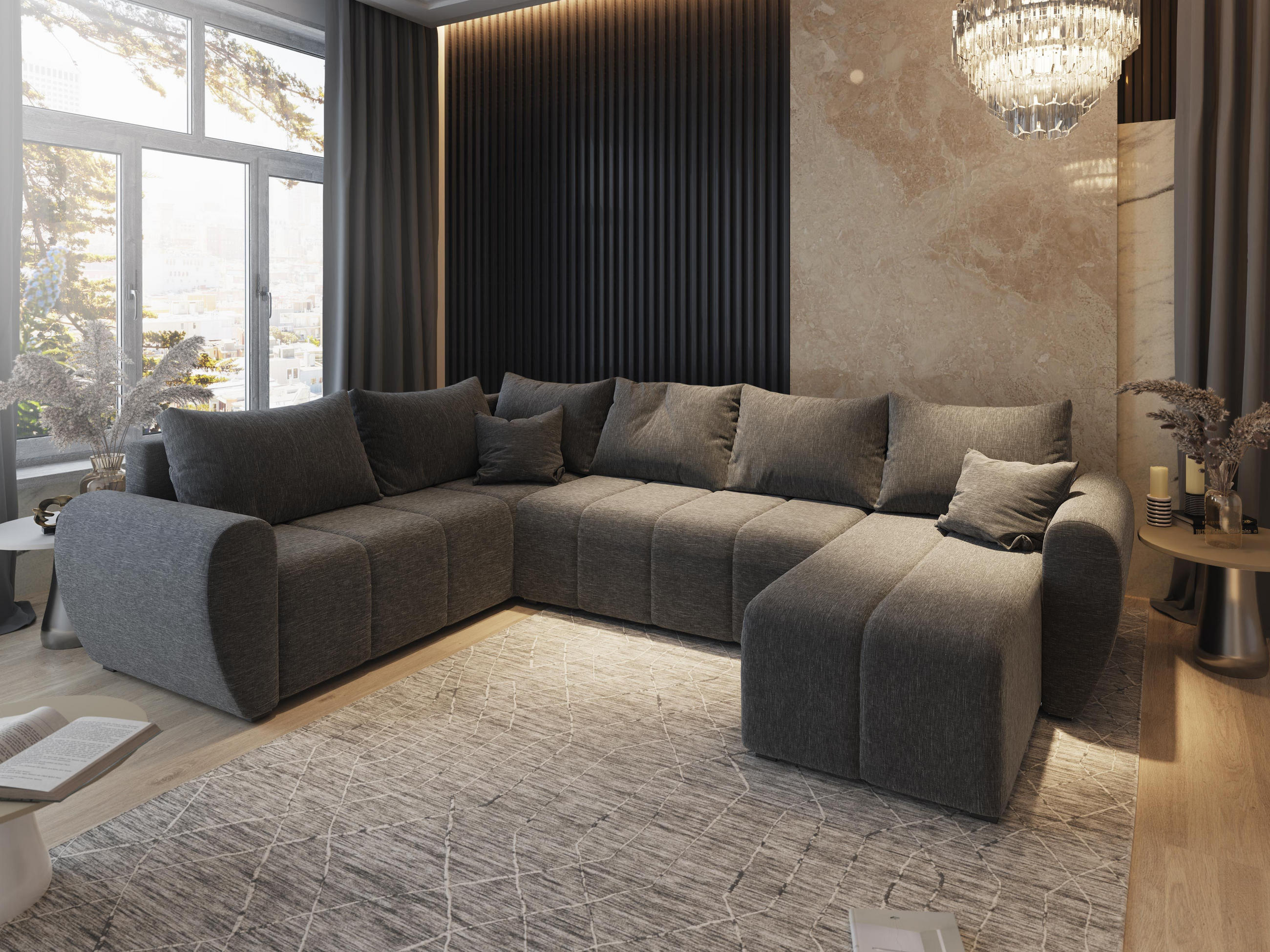 WOHNLANDSCHAFT MADISON XL L-S Grau Dünner Stoff mit Schlaffunktion - Grau, Holz (303/82/208cm) - MASSENO