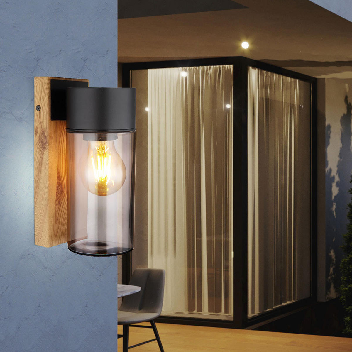 LED AUSSEN-WANDLEUCHTE Edelstahl Schwarz Holzoptik - Schwarz, Glas (9/22.5/12.4cm) - Globo Lighting