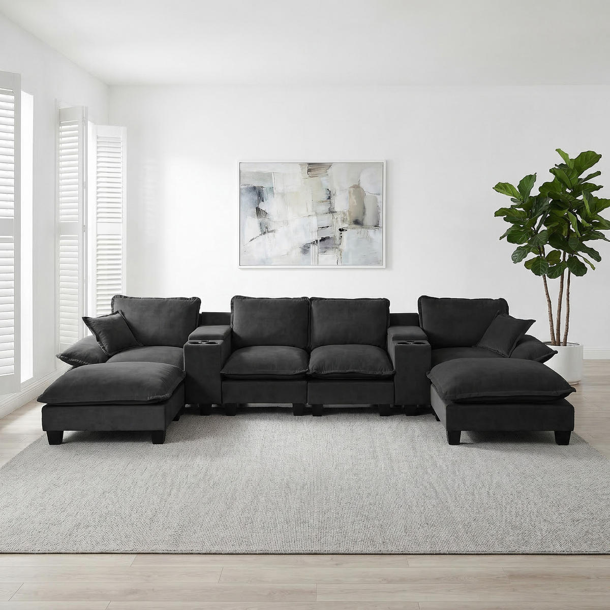 WOHNLANDSCHAFT Schwarz 392/151/90 cm 6-Sitzer Modular mit Stauraum & USB - Schwarz, Textil (392/90/151cm) - PANGIVO