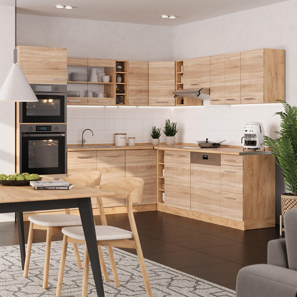 ECKKÜCHE R-Line, Sonoma/Goldkraft Eiche, 247 x 237 cm ohne Arbeitsplatte - Honigeiche/Sonoma Eiche, Holzwerkstoff (247/206.8/46cm) - Vicco