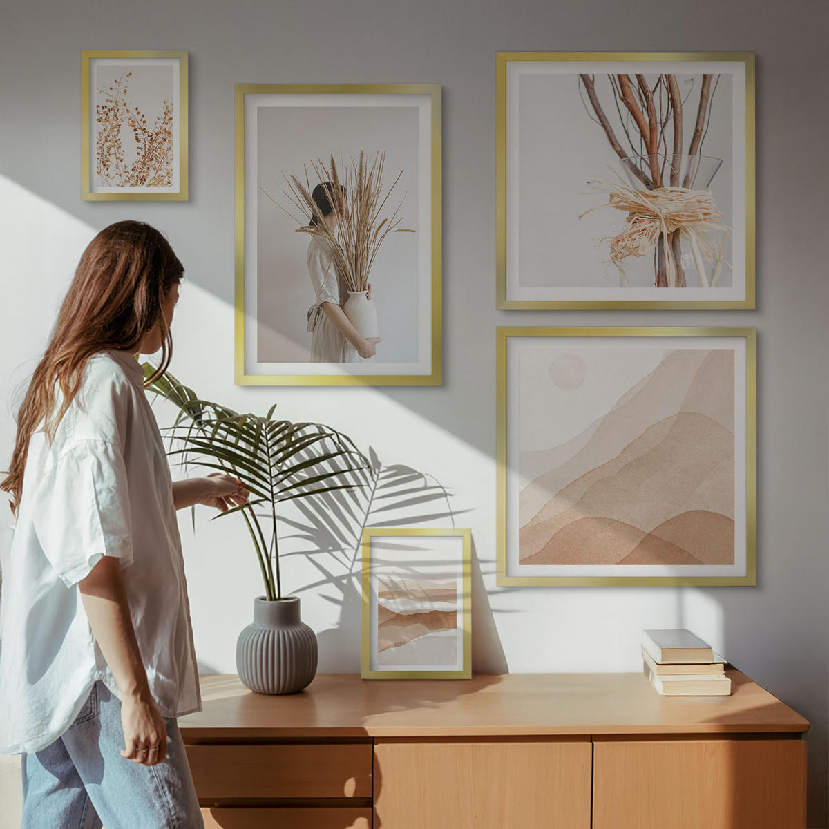 BILDER SET 5er Set - 50x50 cm & 20x30 cm & 40x60 cm Goldrahmen - Pflanzenmotive im Boho-Stil - Goldfarben, Kunststoff (40/60cm) - TULUP