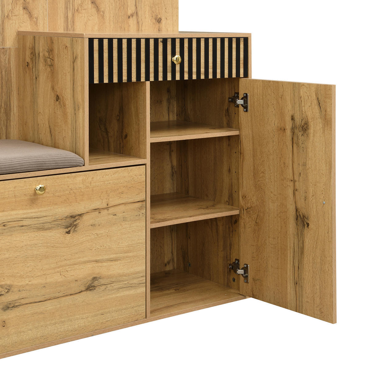 GARDEROBE-SET in Naturfarben Garderobenschrank mit Spiegel für Eingangsbereich und Flur, B110/T37/H185.5 cm - Schwarz/Naturfarben, Glas/Holzwerkstoff (111/185.5/37cm) - STILVORA