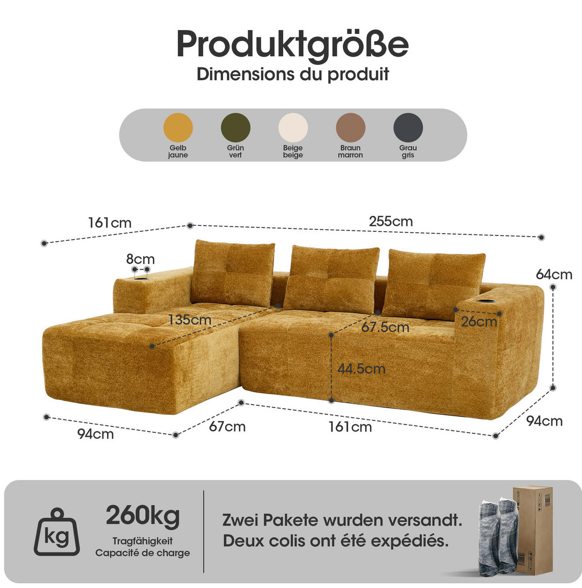 ECKSOFA 258 cm mit Becherhaltern, tiefem Sitzkomfort und Chenille-Bezug, Gelb - Gelb, Textil (258/163cm) - Redom