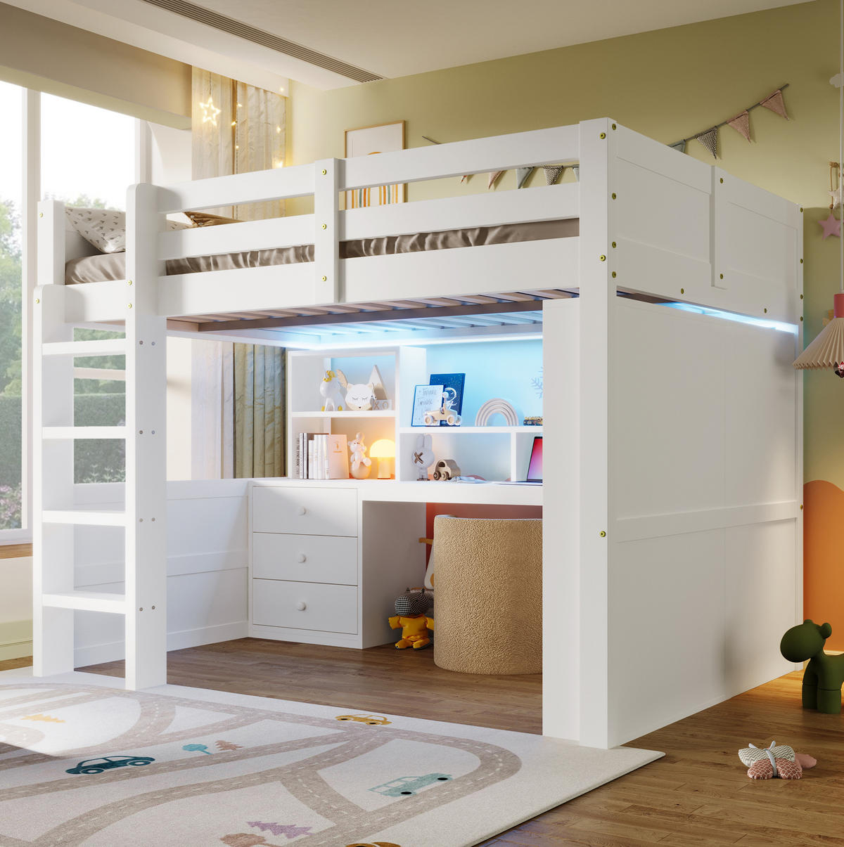 HOCHBETT 140/200 cm aus Kiefernholz mit LED-Beleuchtung, Schreibtisch und Kleiderschrank, Weiß - Weiß, Holzwerkstoff (140/200cm) - Redom