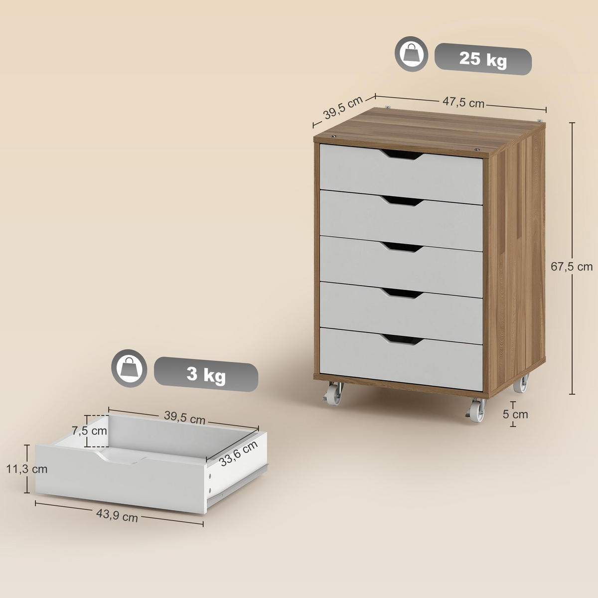 ROLLCONTAINER DE-14484 5 Schubladen Weiß/Eiche - Eichefarben, Holzwerkstoff (39.5/67.5/47.5cm) - ComfortXL