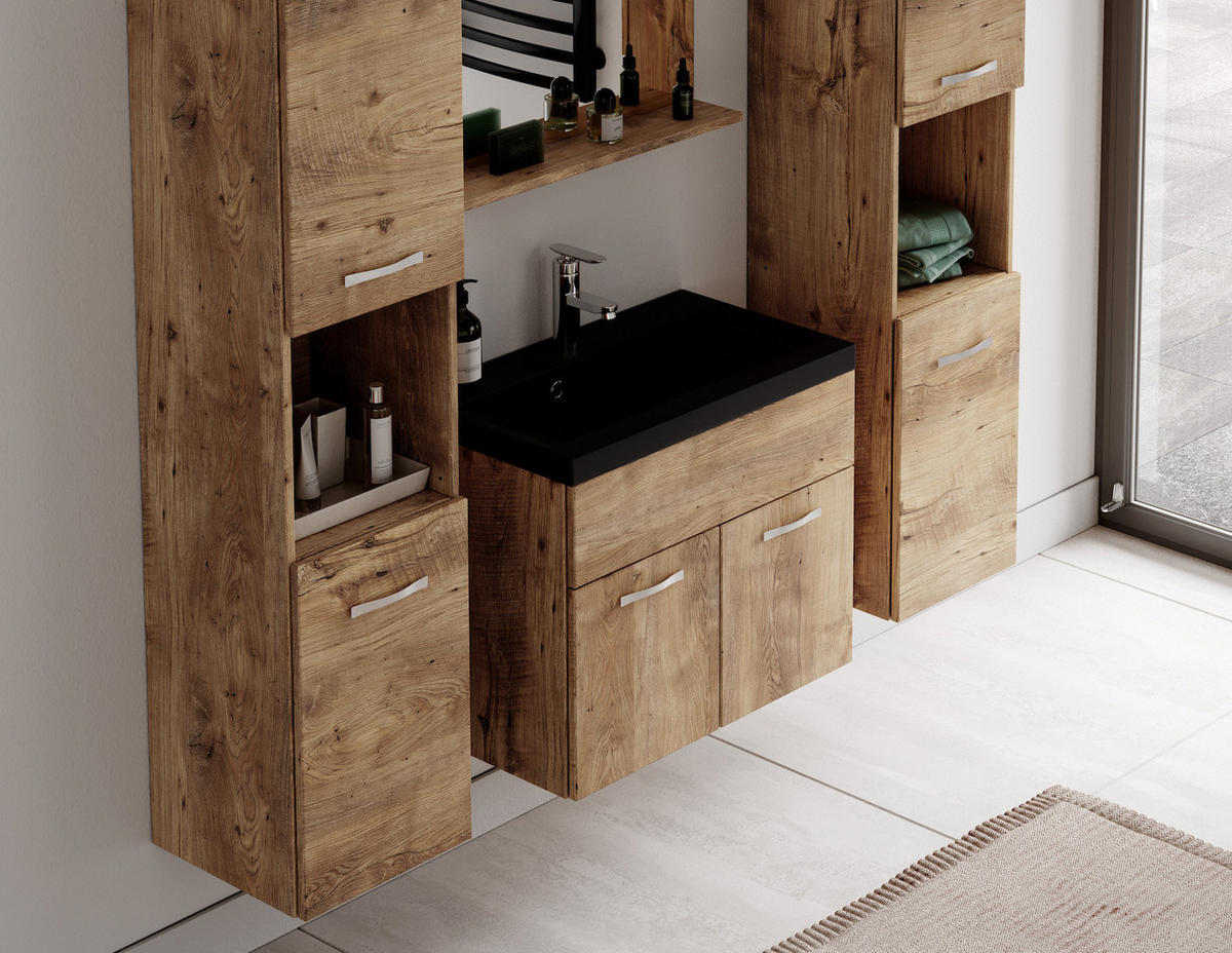 BADMÖBEL-SET Montreal 5 Teile Kastanien Eiche - 60 x 35 x 51 cm - Eichefarben/Schwarz, Holz (60/51/35cm) - Badplaats