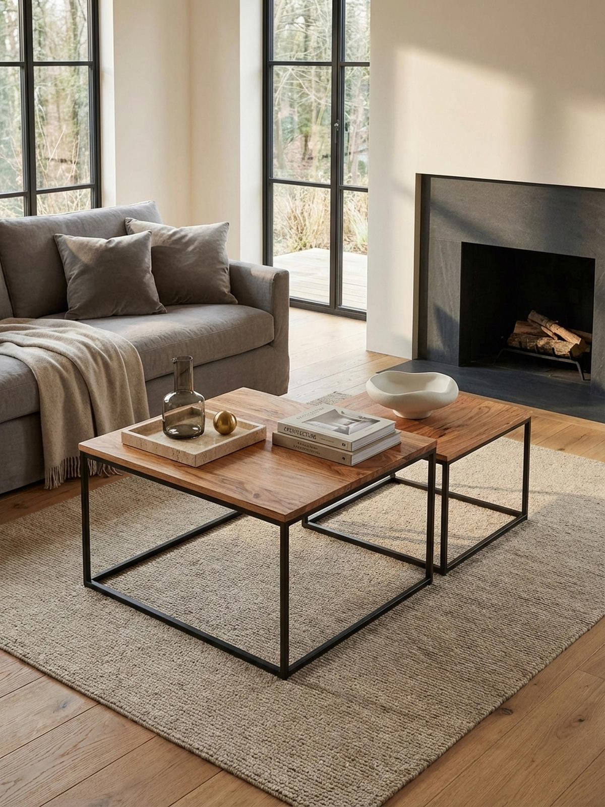 WOHNZIMMERTISCH Set – Holz Metall quadratisch 2-teilig Industrie-Stil - Beige/Schwarz, Holz/Metall (60/60/46cm) - KADIMA DESIGN