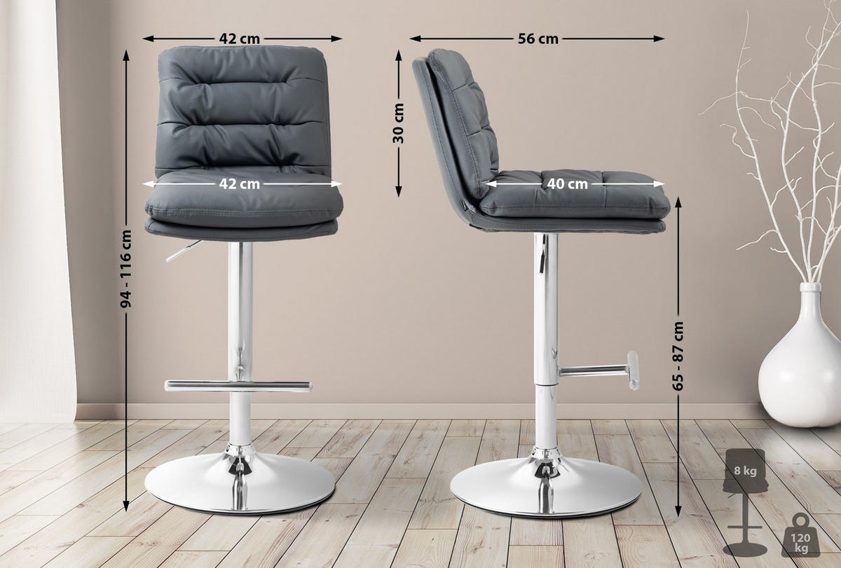 BARHOCKER 2er Set Diamant Kunstleder chrom grau - Chromfarben/Grau, Kunststoff/Metall (42/116/56cm) - TPFLiving