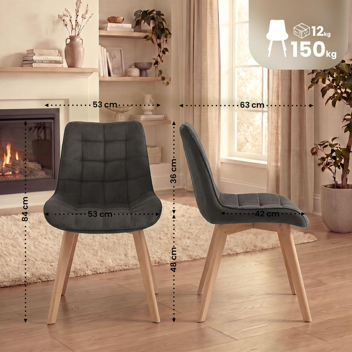 STUHL Cord Dunkelgrau - Eukalyptusholzfarben/Dunkelgrau, Holz/Textil (53/84/63cm) - CLP