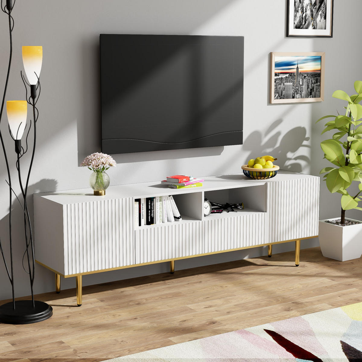 TV-SCHRANK Modern Weiß mit goldenen Füßen & goldenem Rand - Weiß, Holz (43/19.5/97cm) - FLIEKS