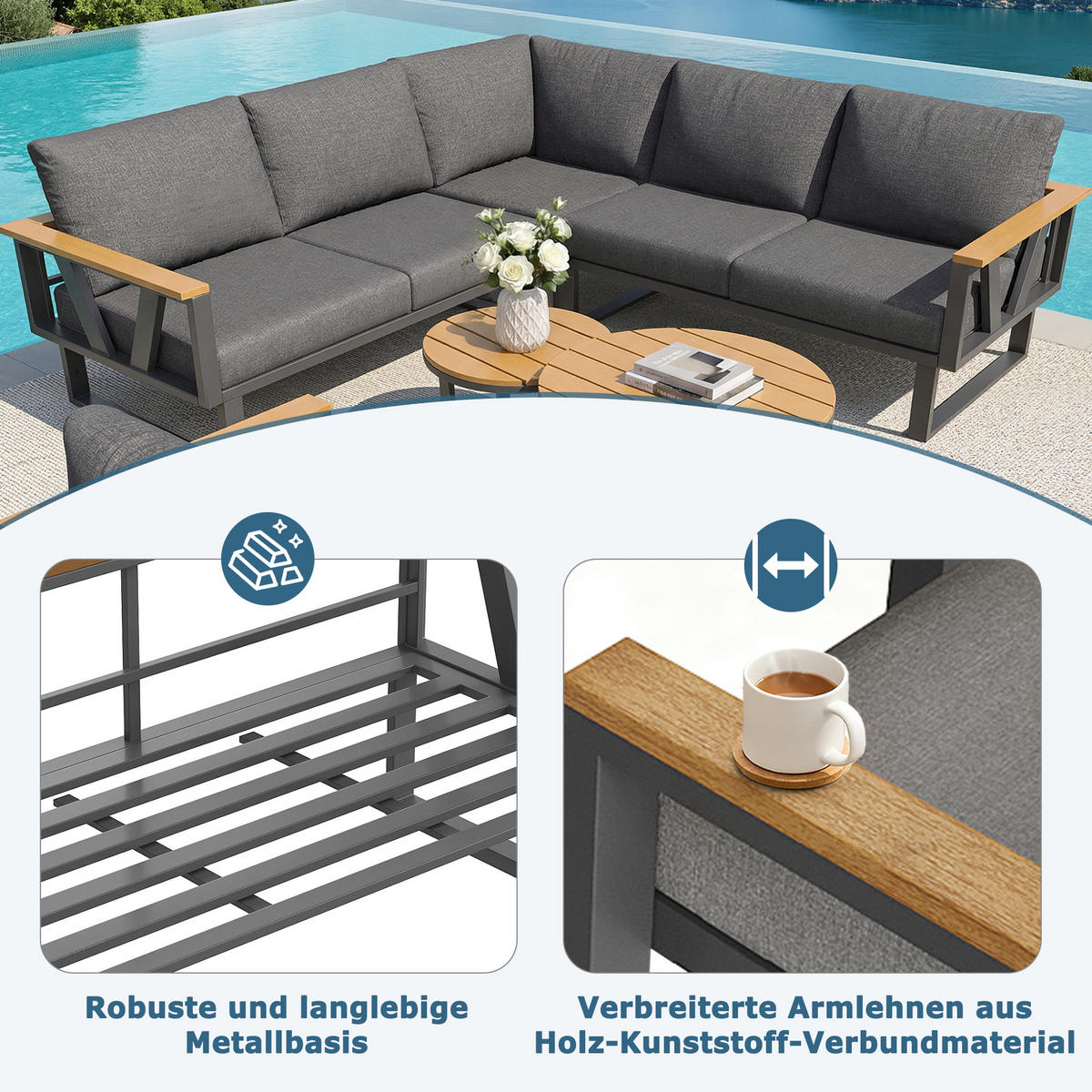 LOUNGESITZSET, 2er-Set, Verstellbare Füße, Metallbasis, Grau - Grau, Metall - FLIEKS