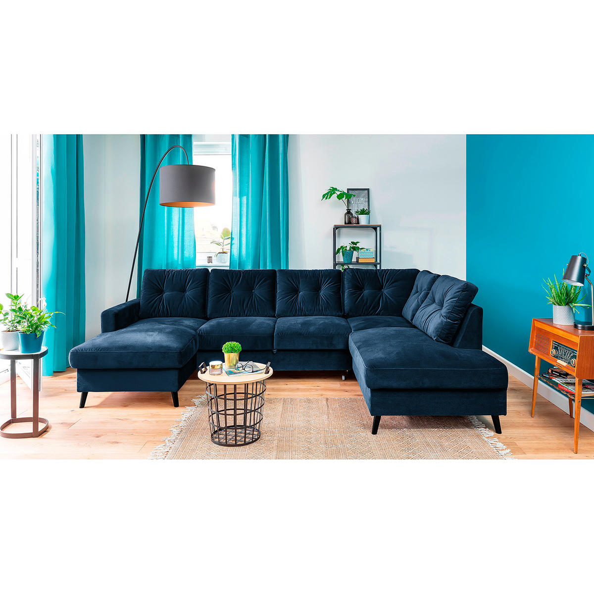 WOHNLANDSCHAFT mit Longchair - Schwarz/Dunkelblau, Buchenholz/Textil (297/90/200cm) - home24