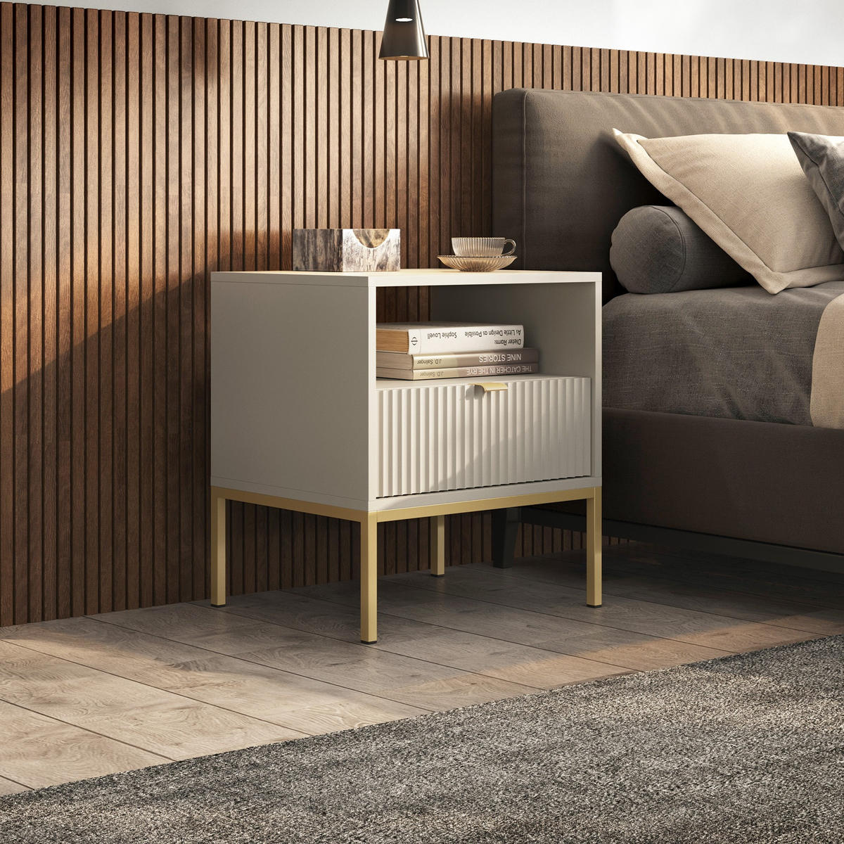 MODERNER Geriffelter Nachttisch KIOTO SN1SZ (Kaschmir, Gold Gestell, Vollauszug) - Kaschmir/Goldfarben, Holz/Holzwerkstoff (54/56/39cm) - Ravio