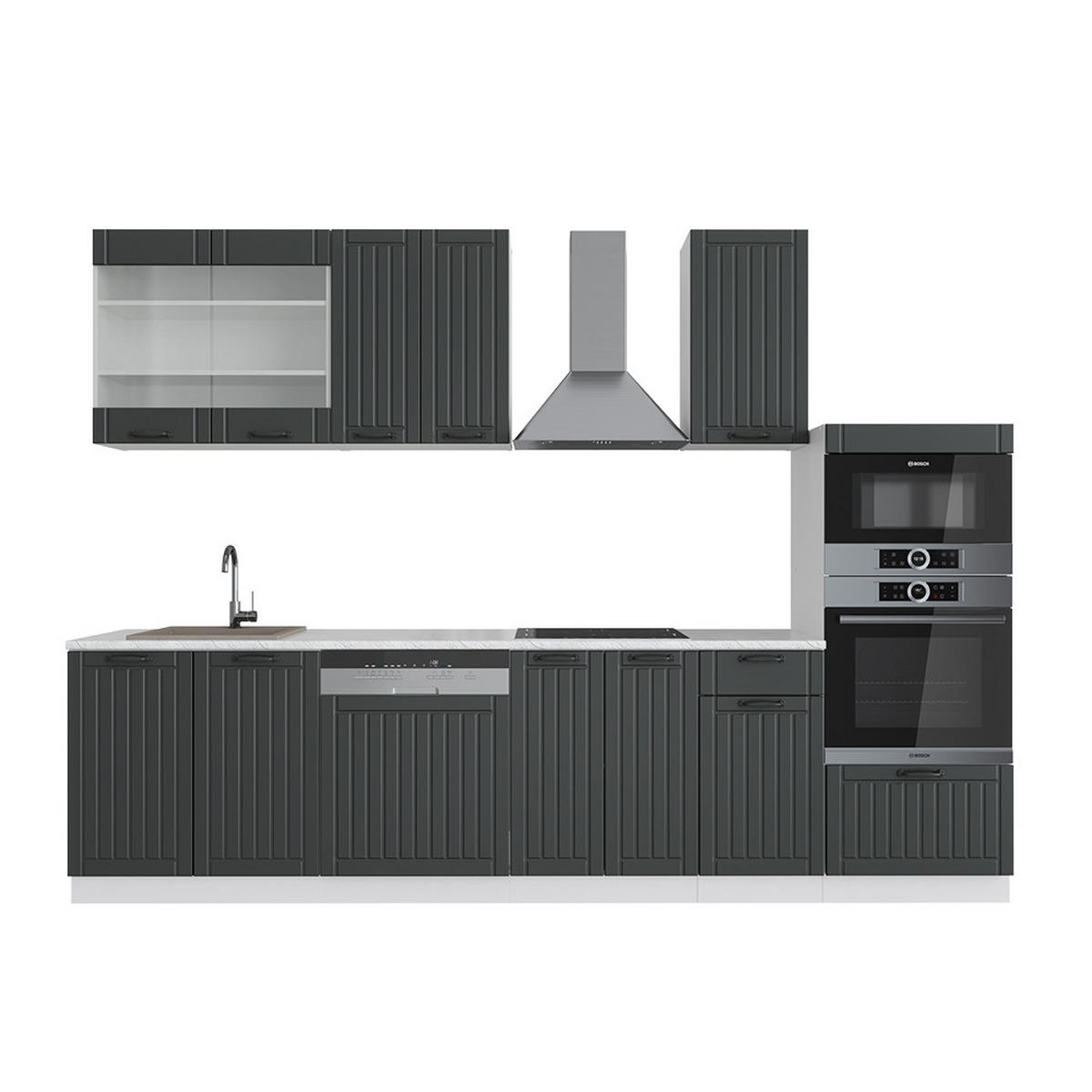 KÜCHENZEILE Fame-Line Anthrazit Landhaus/Weiß 300 cm mit Hochschrank AP Marmor - Dunkelgrau/Weiß, Holzwerkstoff (300/81.6/60cm) - Vicco