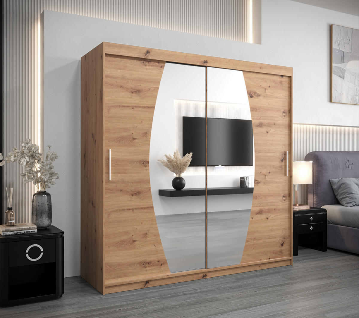 SCHWEBETÜRENSCHRANK 200/200/62 2-türig - Silberfarben/Eiche Artisan, Holz/Kunststoff (200/200/62cm) - MÖBEL KRYSPOL