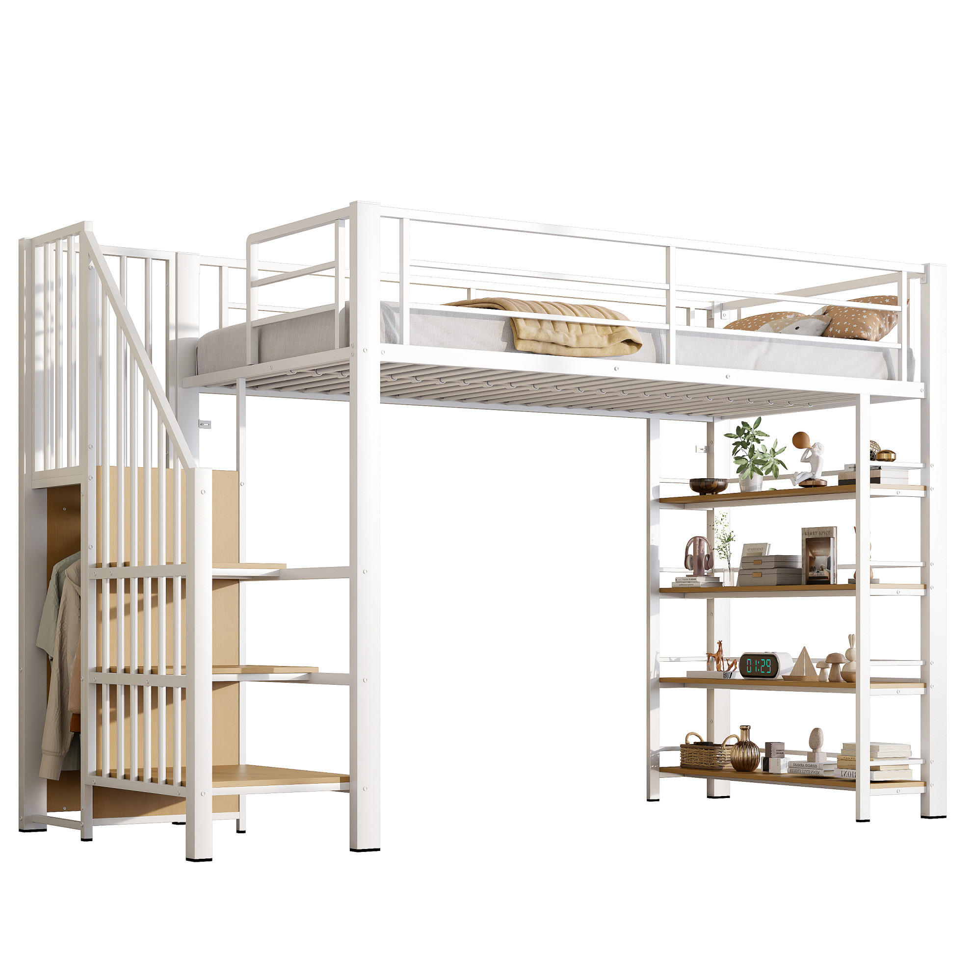 HOCHBETT aus Metall 90x200 cm Weiß mit Stauraumtreppe, Garderobe und Regalen - Weiß, Metall (90/200cm) - IVMEU