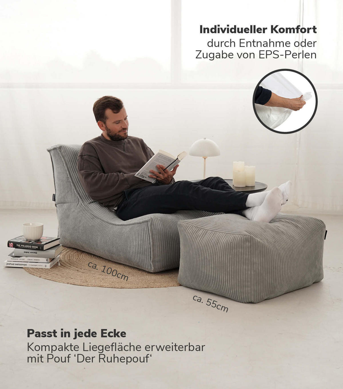 SITZSACK mit Hocker Der Gelassene - Grau, Textil (65/65/155cm) - Mokebo
