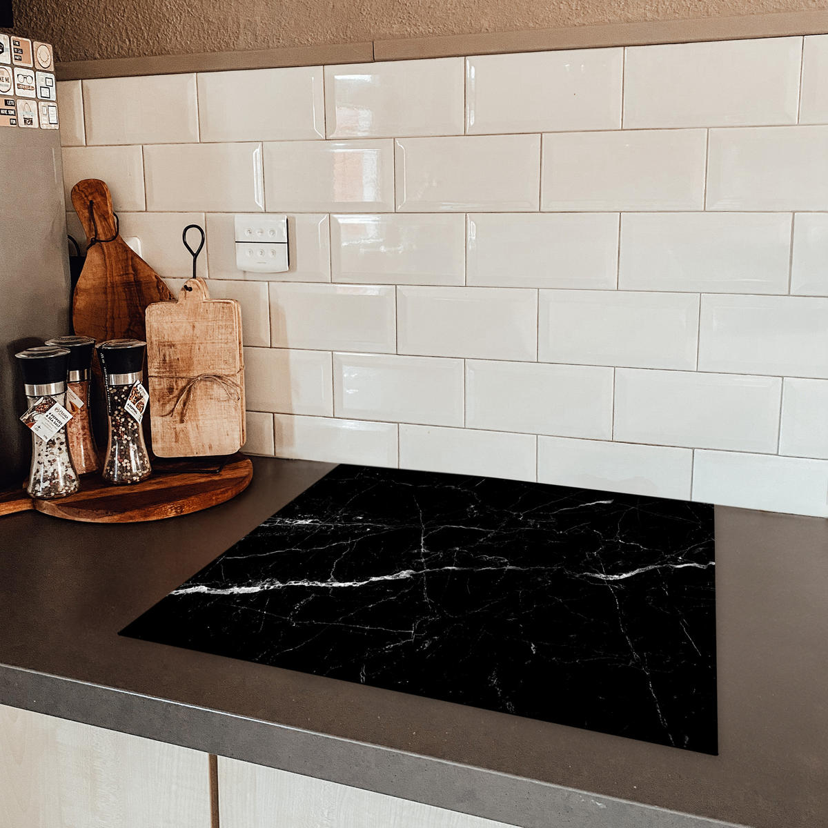 HERDABDECKPLATTE Marmoroptik - Schwarz - Luxus 59x52 cm - Grau, Kunststoff (59/0.2/52cm) - MuchoWow