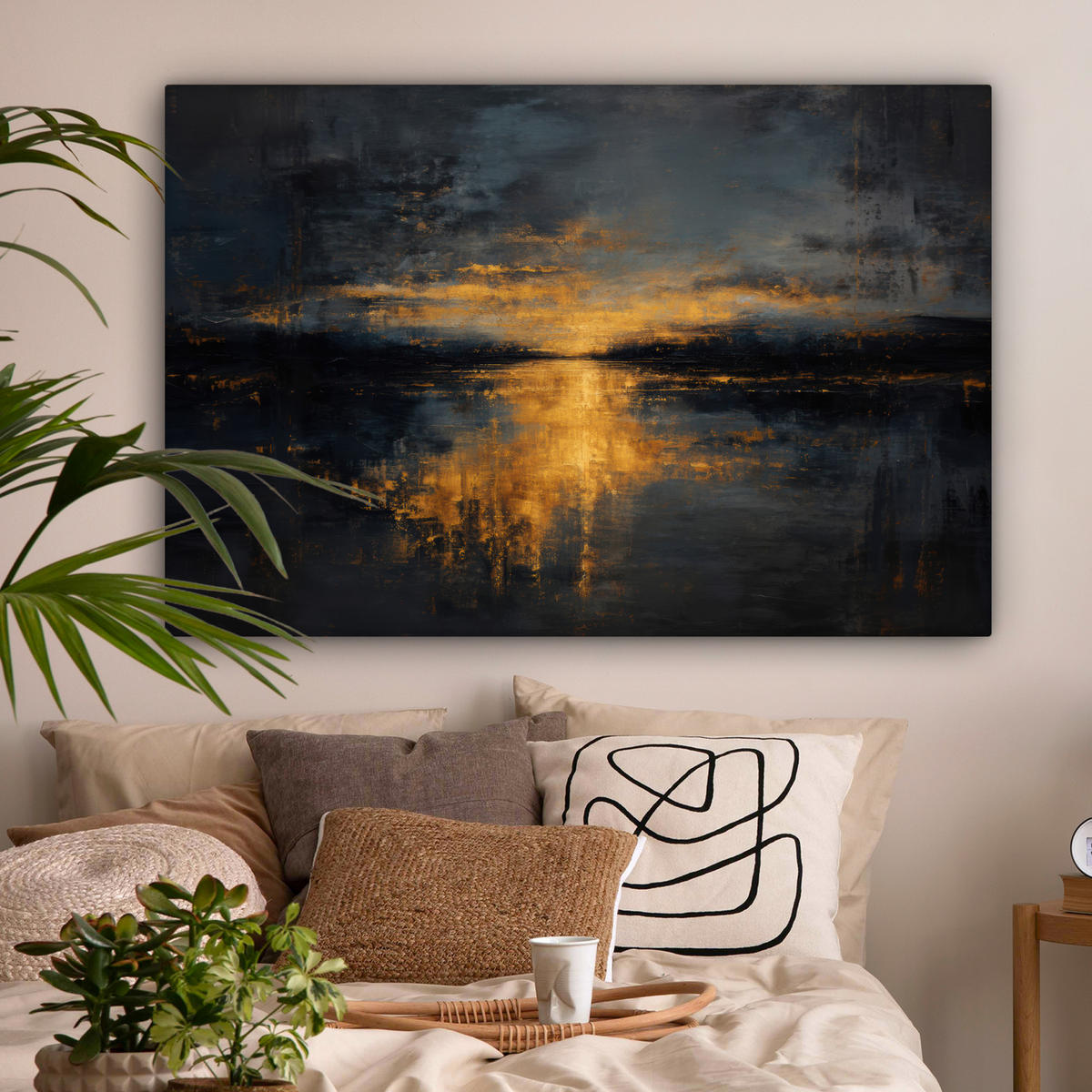 LEINWANDBILD Goldene Reflexion auf dem Wasser Groß 140x90 cm - Anthrazit, Textil (140/90cm) - MuchoWow