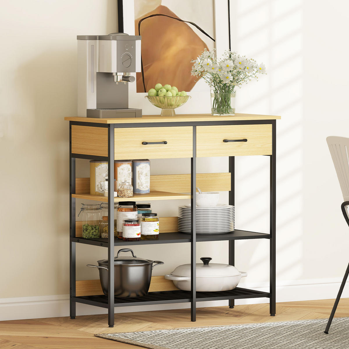 KOMMODE mit 2 Schubladen 3 offenen Regalen Naturholz - Schwarz/Naturfarben, Holzwerkstoff/Metall (40/91/90cm) - HOMCOM