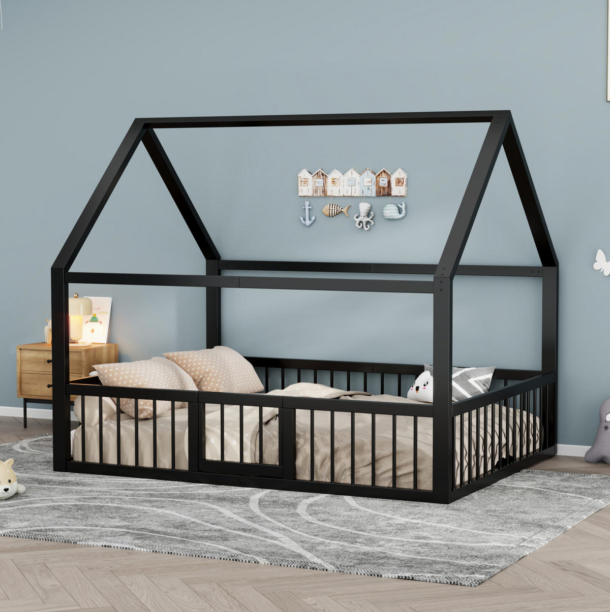 KINDERBETT Hausdesign 140/200 cm Schwarz aus Metall ohne Matratze - Schwarz, Metall (140/200cm) - MIVRAY