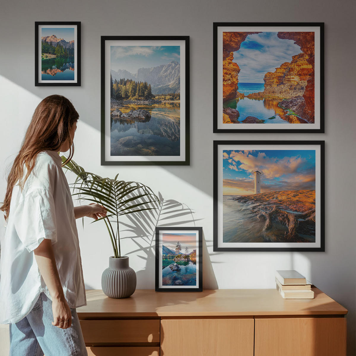 WANDBILDER 5er-Set - 50x50 cm & 20x30 cm & 40x60 cm Schwarzer Rahmen - Aussicht Paris New York Treppen - Schwarz, Kunststoff (40/60cm) - ArtPrintCave
