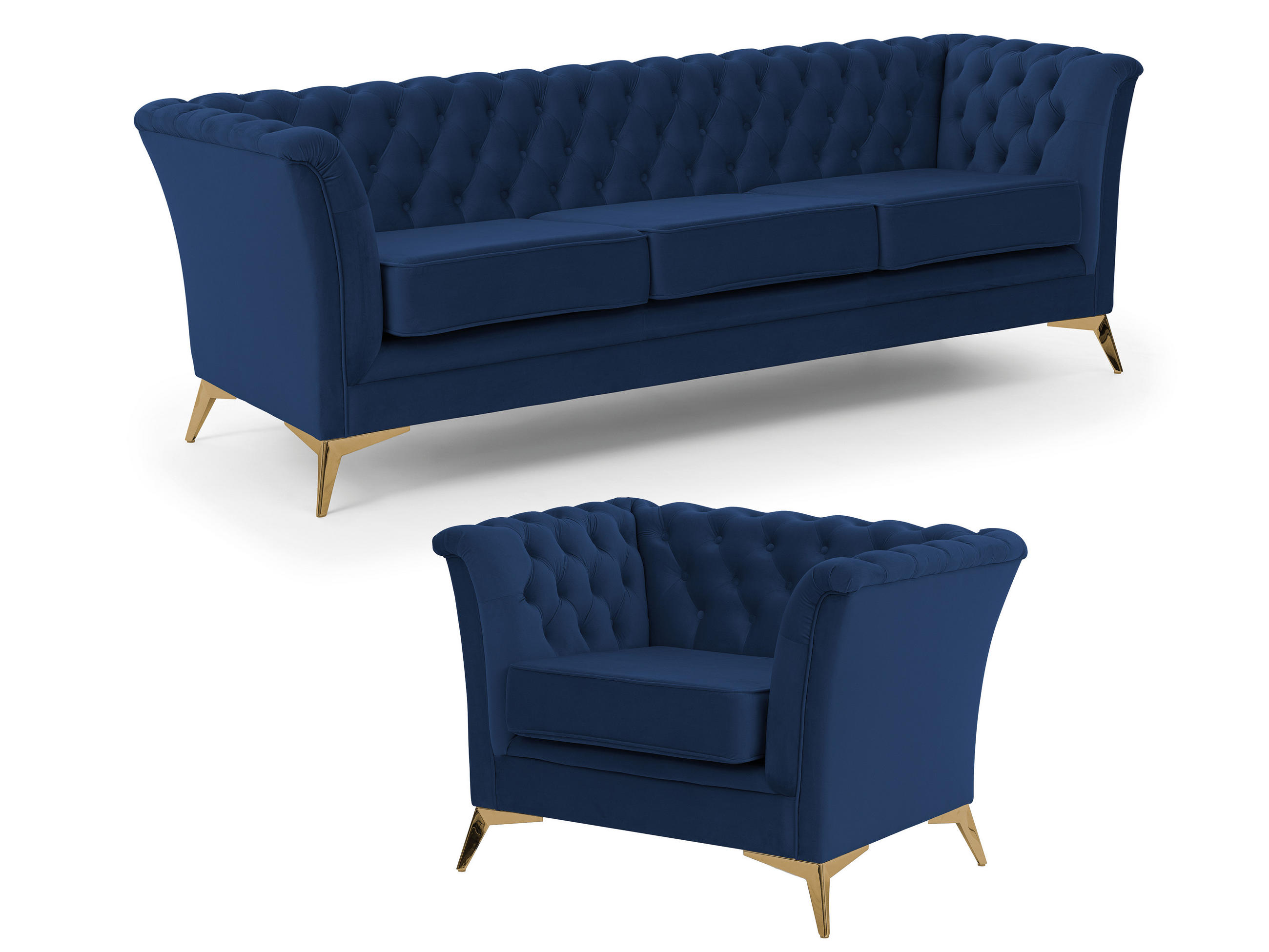SITZGARNITUR 3+1 Chesterfield Whitby Marineblau Samt mit goldenen Füßen - Blau/Goldfarben, Holz/Textil (237/78/82cm) - S-Style Möbel
