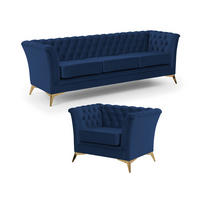 SITZGARNITUR 3+1 Chesterfield Whitby Marineblau Samt mit goldenen Füßen - Blau/Goldfarben, Holz/Textil (237/78/82cm) - S-Style Möbel