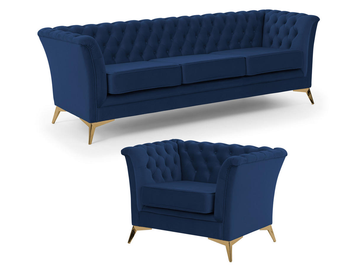 SITZGARNITUR 3+1 Chesterfield Whitby Marineblau Samt mit goldenen Füßen - Blau/Goldfarben, Holz/Textil (237/78/82cm) - S-Style Möbel