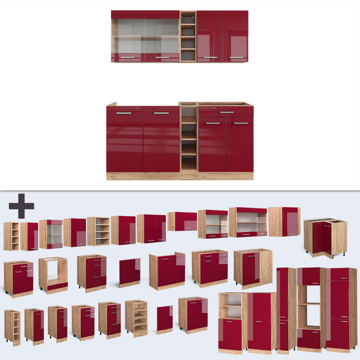 SINGLEKÜCHE R-Line Bordeaux Hochglanz/Goldkraft Eiche 160 cm ohne AP - Bordeaux/Eiche Wotan, Holzwerkstoff (160/81.6/46cm) - Vicco