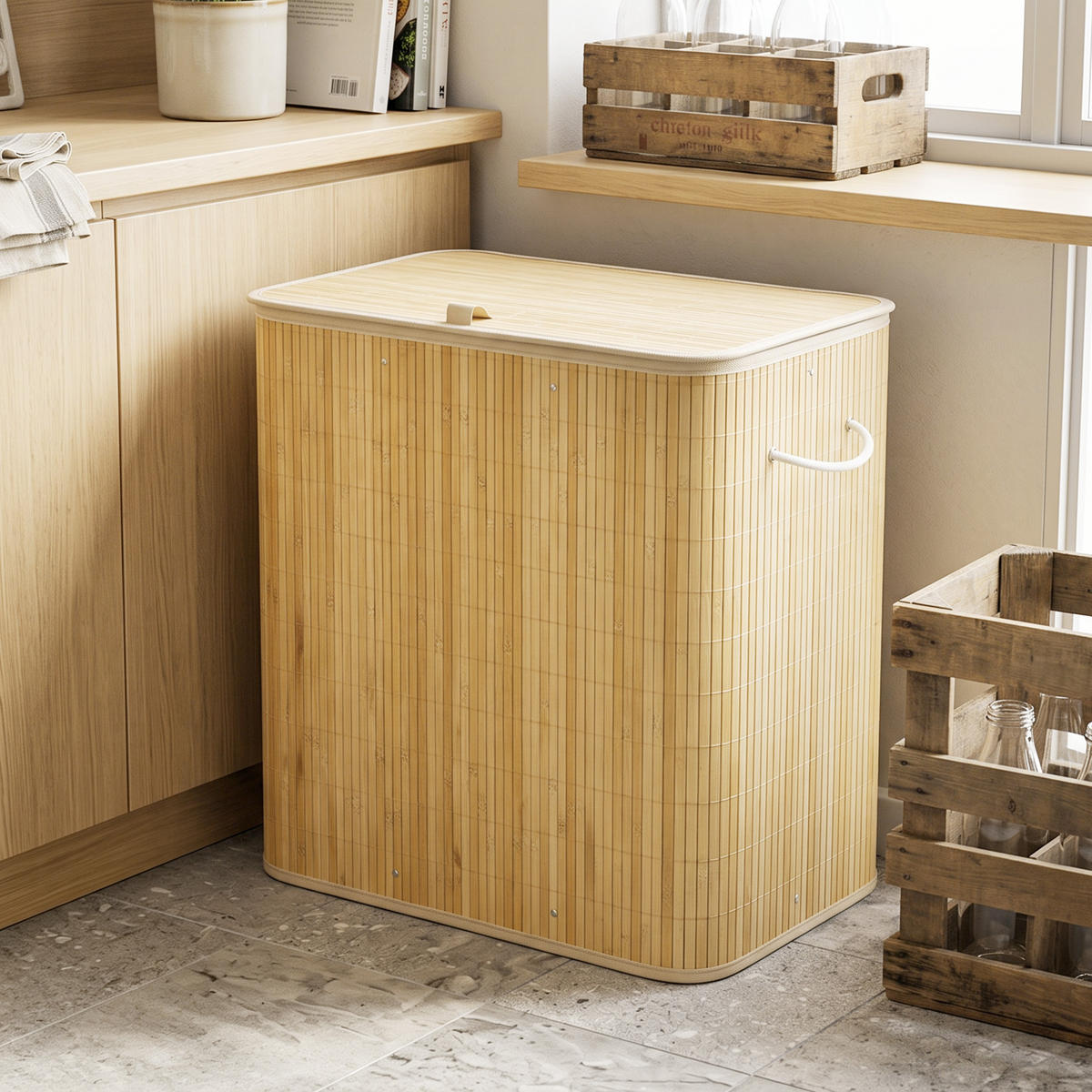 PFANDFLASCHEN-SAMMELBEHÄLTER Polyester Bambus Naturholz - Naturfarben, Holz (41/60/62cm) - HOMCOM