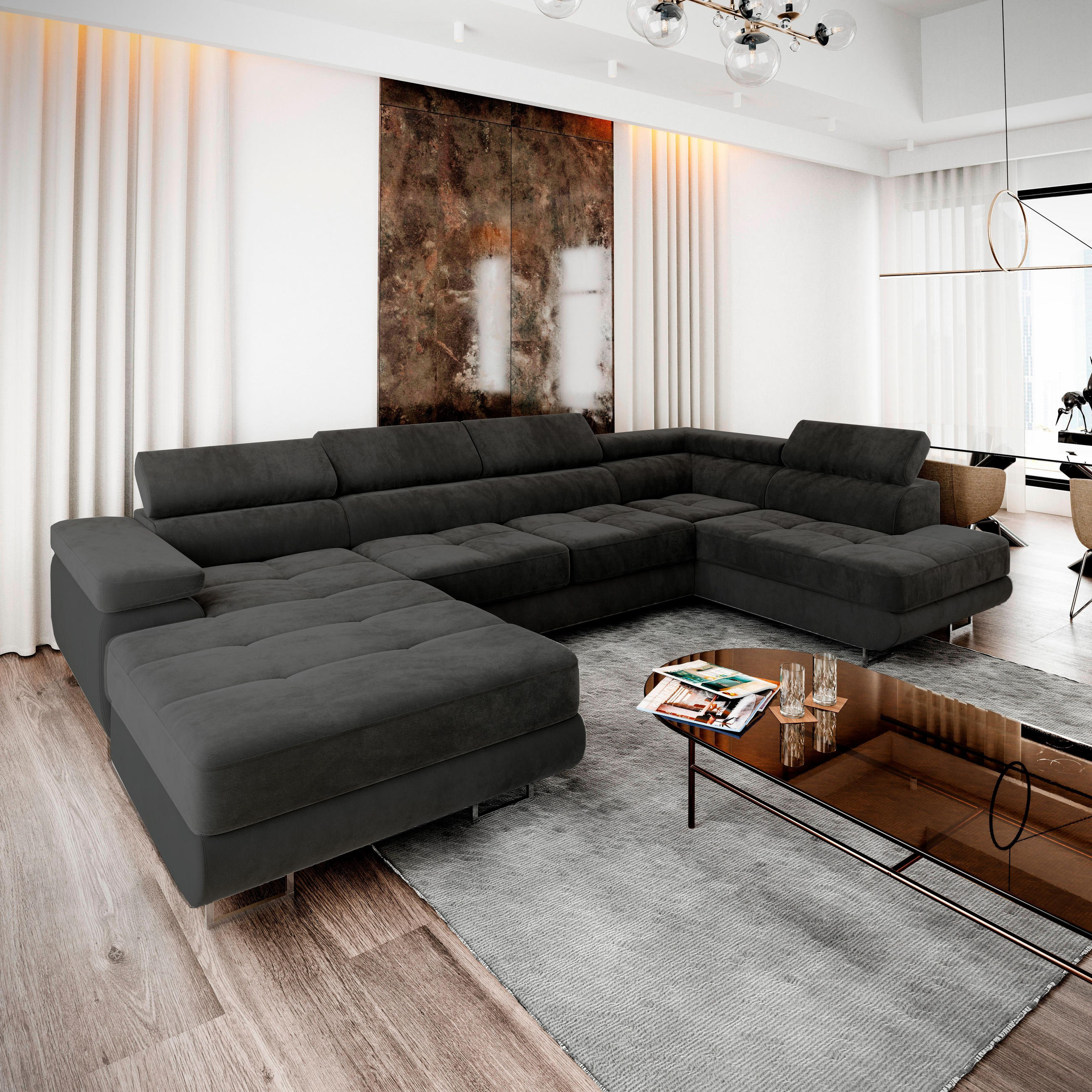 Thumbnail - Masseno Wohnlandschaft, Schwarz, Holz, 5-Sitzer, U-Form, 345x90x202 cm, Wohnzimmer, Sofas & Couches, Wohnlandschaften, W...