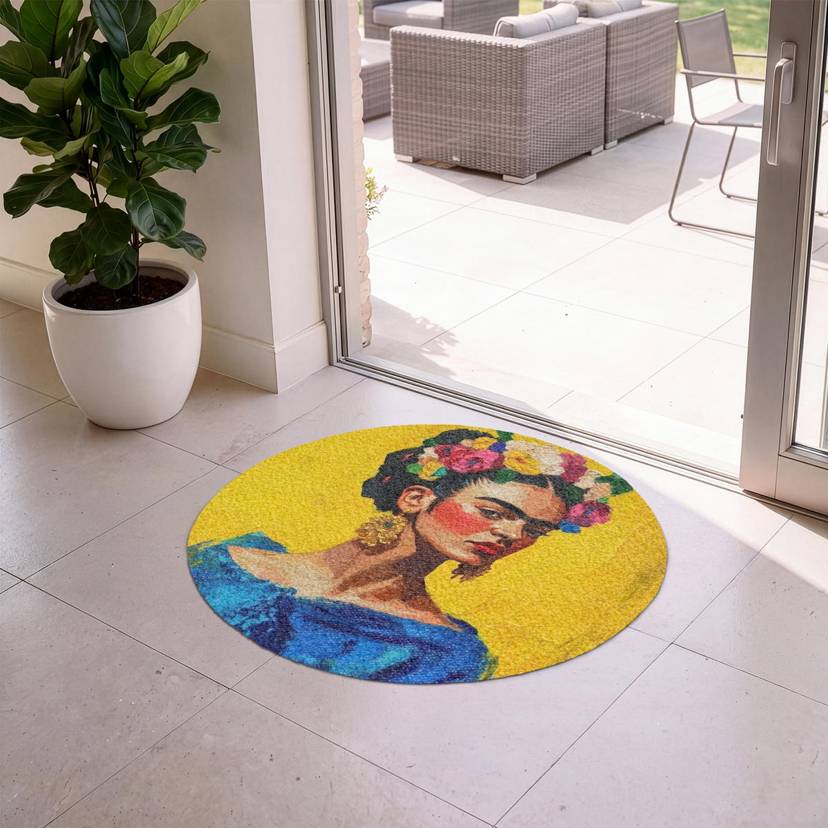ROHOŽKA Frida Kahlo - Žena - Žlutá - Modrá - Květiny 90x90 cm - žlutá, textil/umělá hmota (90/0.4cm) - MuchoWow