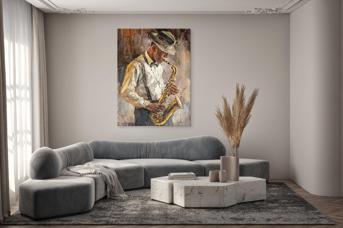 LEINWANDBILD Saxophonist Malerei Retro Stil 80/120 cm - Beige/Schwarz, Textil (80/120cm) - Muralo