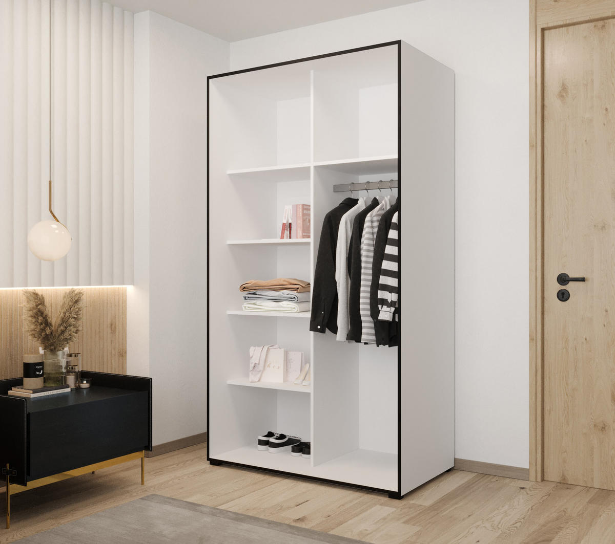 DREHTÜRENSCHRANK MODENA 120, 4-türig Kleiderschrank mit 2 Spiegel, Moderne Garderobe, Schrank in Größe: 120 x 206 x 65 cm - Schwarz/Weiß, Holzwerkstoff (120/206/65cm) - O-Sofa