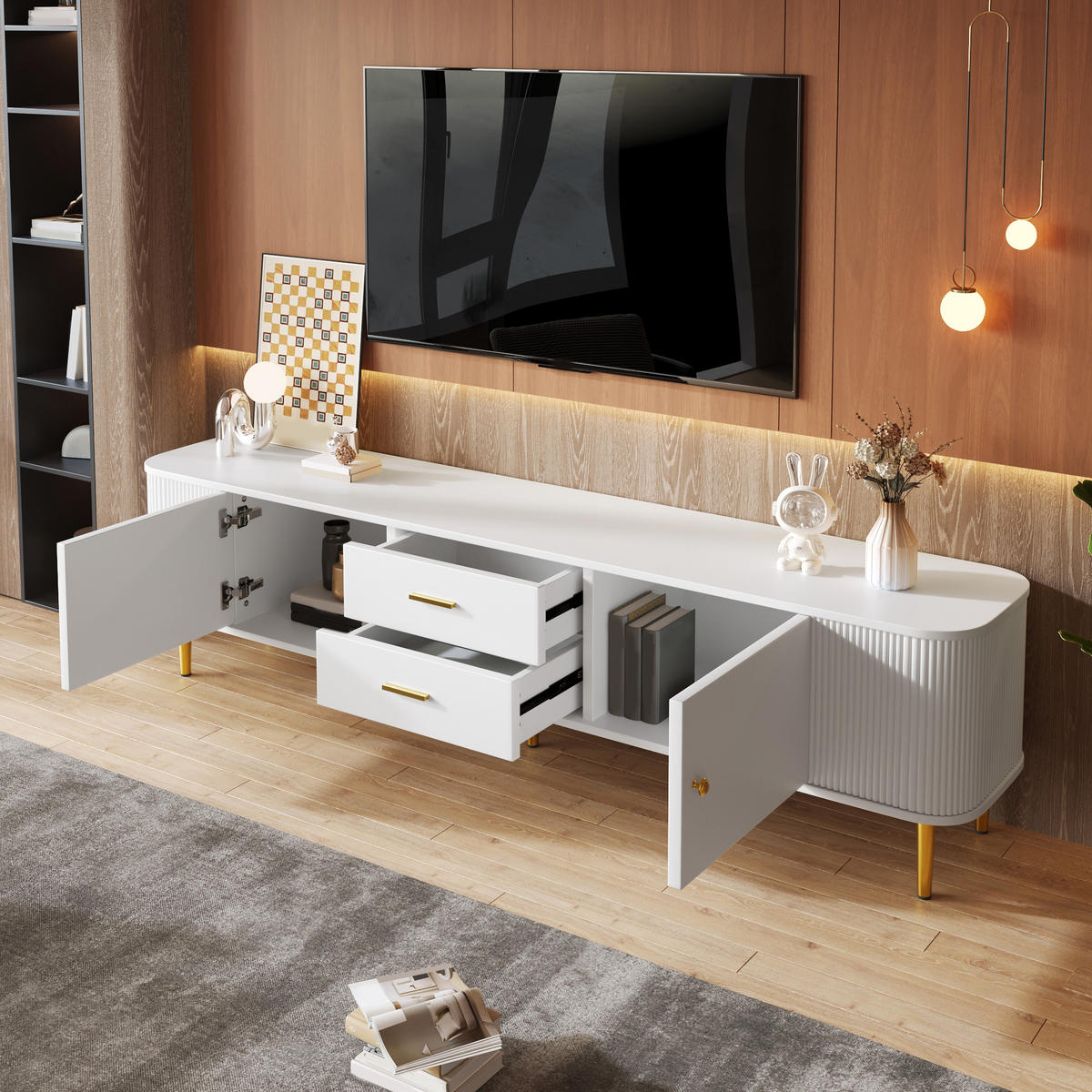 TV-ELEMENT170X34X45CM Weiß mit goldenen Beinen und abgerundeten Ecken - Weiß, Holz (40.64/34.29/57.15cm) - Raelunyi