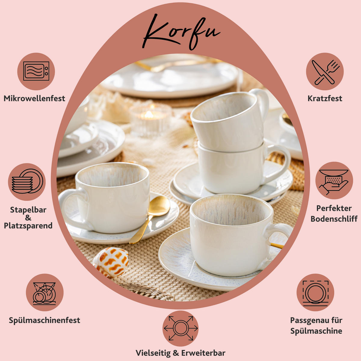KAFFEETASSEN SET KORFU - 8 teilig aus Steingut - Creme, Keramik (28/26/38cm) - Sänger