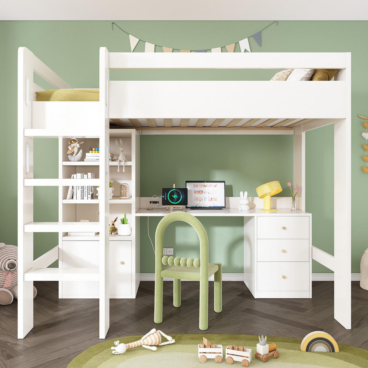 HOCHBETT 90x200cm Jugendbett mit Schreibtisch Kleiderschrank & Treppe Weiß - Weiß, Holz - FLIEKS