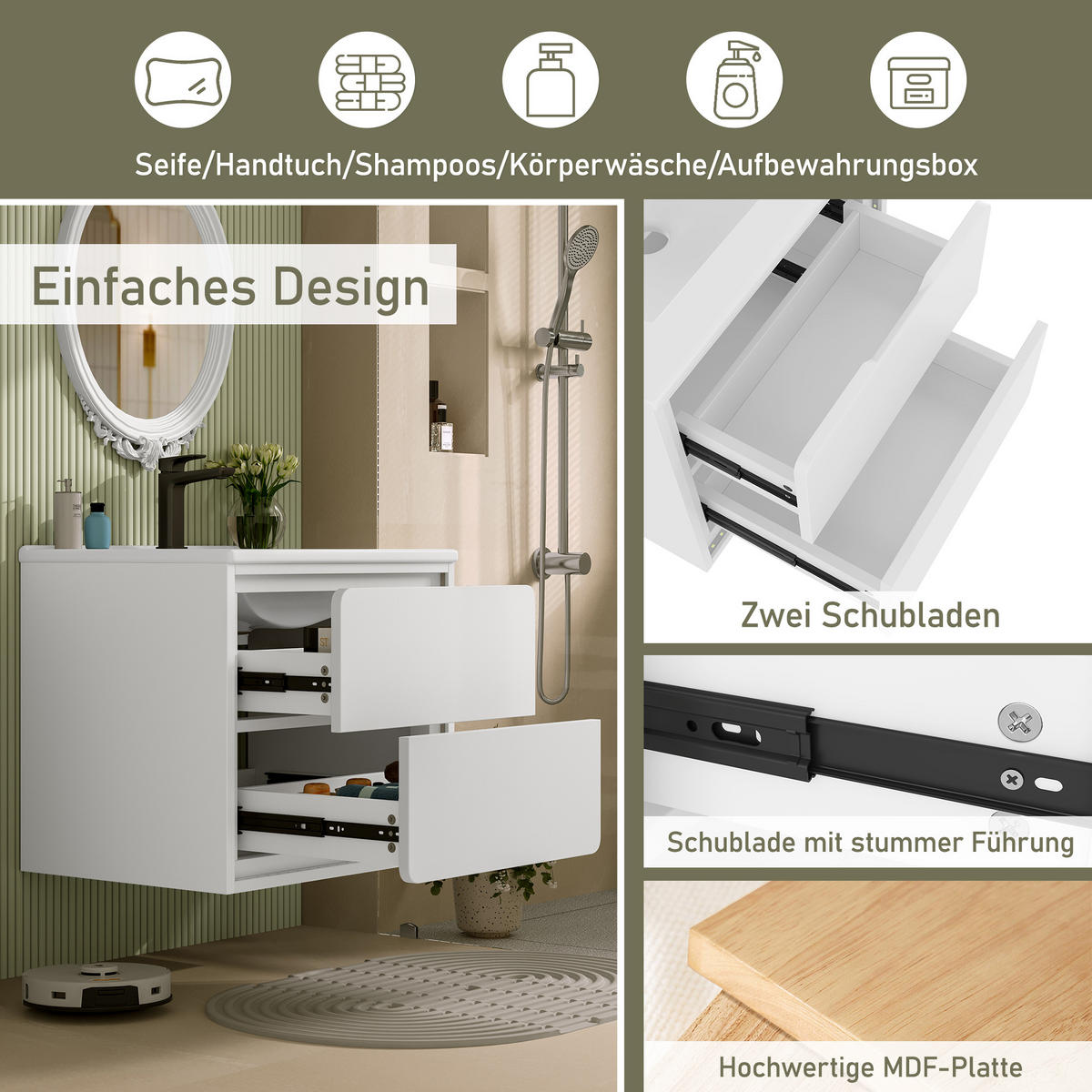 WASCHTISCHKOMBI Weiß hängend mit LED-Radarsensor & Keramikbecken - Weiß, Keramik/Holzwerkstoff (60/50/46cm) - Urban Meuble