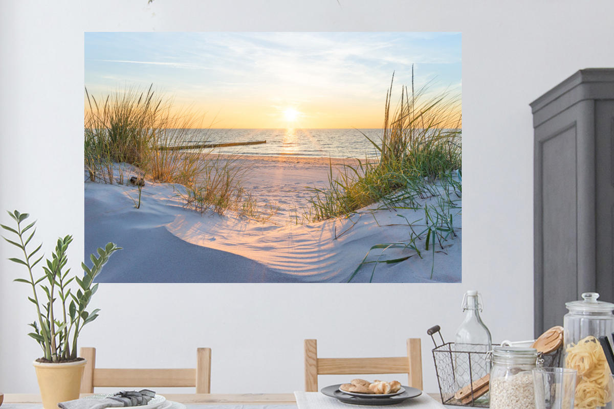 WANDTATTOO Strand - Sonne - Düne - Gras - Sand - Horizont 120x80 cm - Hellblau, Kunststoff (120/80/0.1cm) - MuchoWow