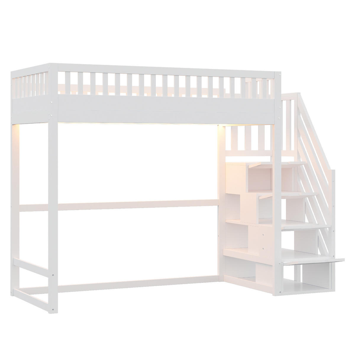 HOCHBETT 90/200 cm weiß aus Holz mit Stauraumtreppe und LED - Weiß, Holzwerkstoff (90/200cm) - OKWISH