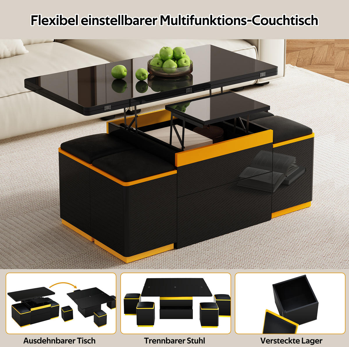 COUCHTISCH 100/50/43 cm höhenverstellbar und klappbar aus MDF und Holzwerkstoff mit Stauraum und 4 Hockern, Schwarz/Gelb - Schwarz, Holzwerkstoff (100/50/43cm) - Modfu