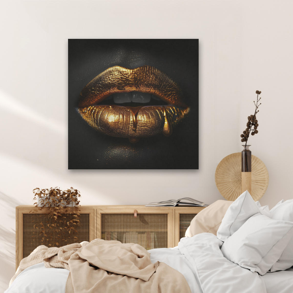 AKUSTIKBILD Frau - Porträt - Lippen - Gold - Schwarz Akustikpaneele 80x80 cm - Schwarz, Kunststoff (80/80/0.9cm) - MuchoWow