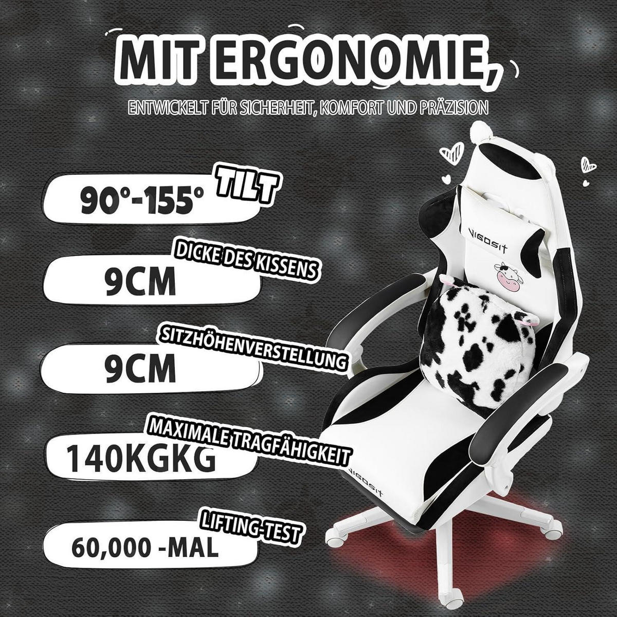 GAMING Stuhl mit Ohren und Kawaii Kissen, Ergonomisch, mit Lendenwirbelstütze und Fußstütze, Schwarzweiß - Multicolor, Kunststoff (59/77/25cm)