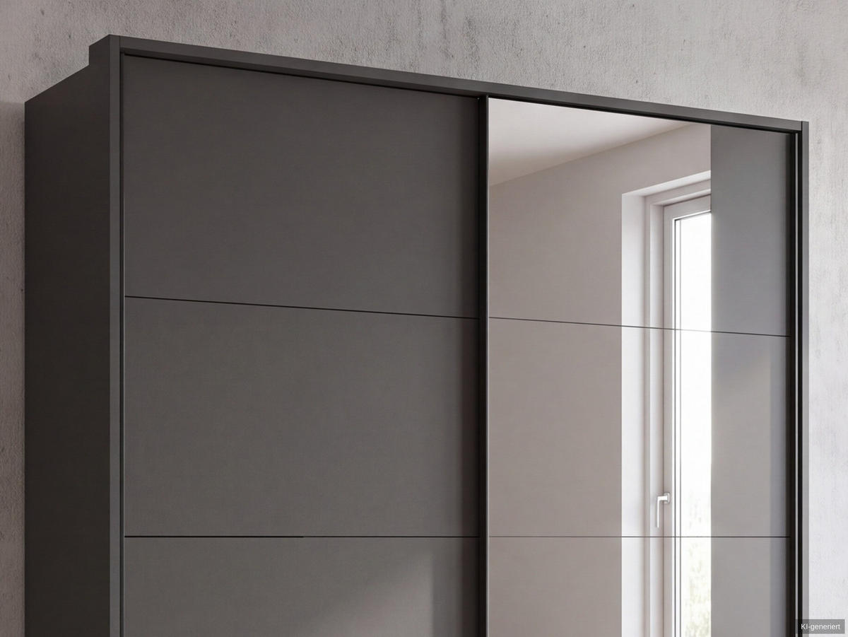 SCHWEBETÜRENSCHRANK 2-türig B183/H200/T65 cm, Passepartout-Kleiderschrank in Grafit mit sichtbaren Schubkästen & Spiegel / 22714 - Schwarz/Graphitfarben, Holz/Holzwerkstoff (183/200/65cm) - luma-home