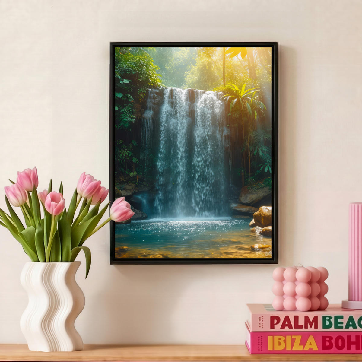 LEINWAND Bilder mit Rahmen - Wasserfall - Dschungel - Sonne - Grün - Natur - 30x40 - Grün, Textil (30/40cm) - MuchoWow