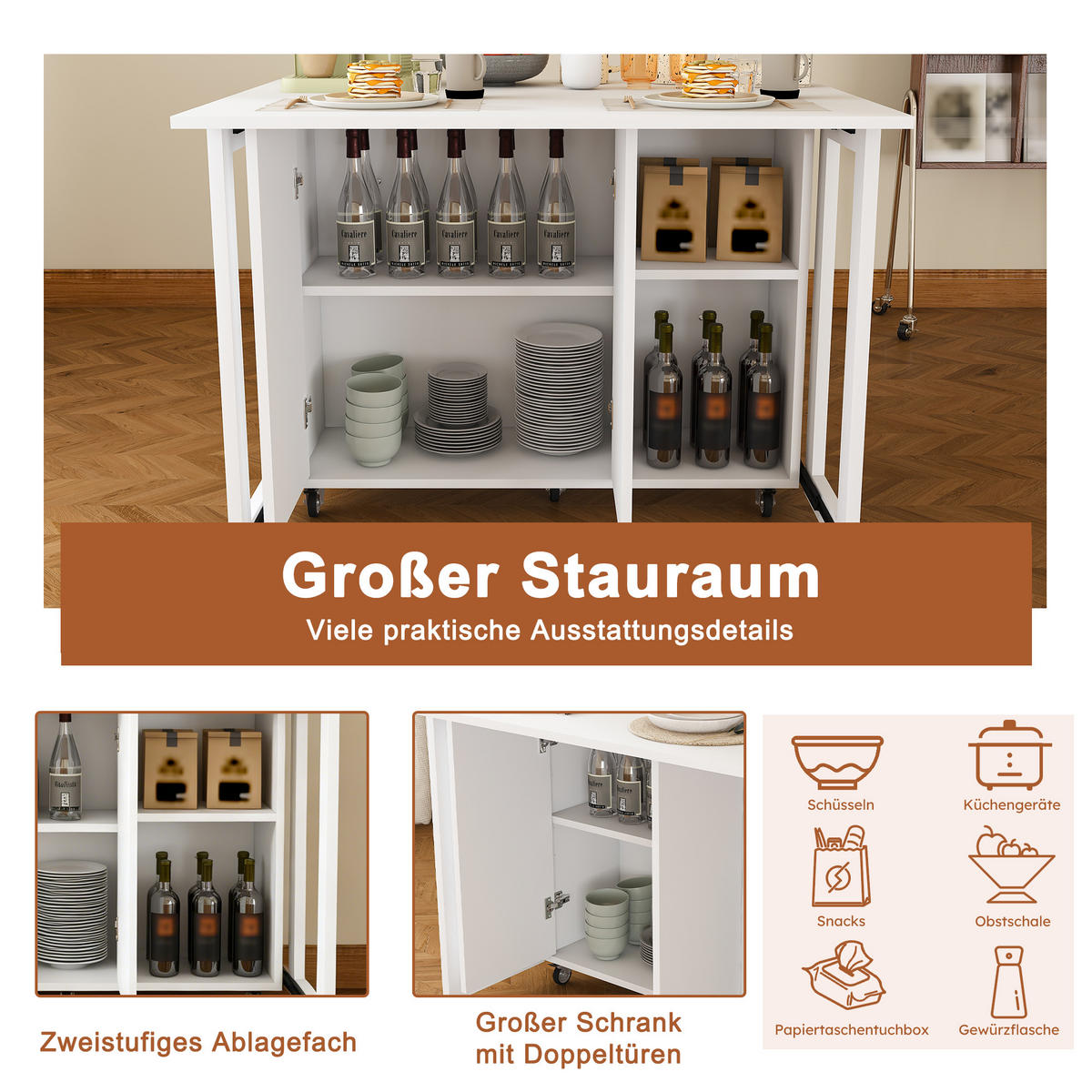 KÜCHENINSEL 100/35/75 cm Weiß mit arretierbaren 360° Rollen und Stauraum - Weiß, Holz (105/75/100cm) - Oxeza