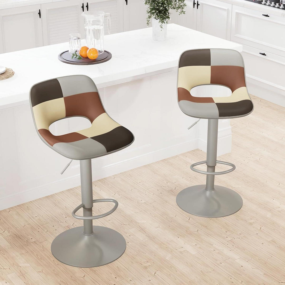 BARHOCKER 2er Set Patchwork Grau Beige Höhenverstellbar Drehstuhl - Multicolor, Leder (49/80/44cm)